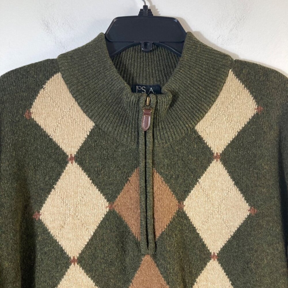 Mens Vintage Jos A Bank Argyle Lambs Wool Sweater 1/4 Zip Brown Tan XL‎ - Picture 3 of 6